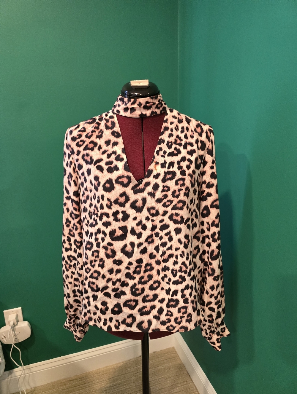 Generation Love Women’s 100% Silk Leopard Print Open Mock Neck Blouse, Size S